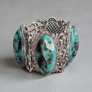 Vintage Ornate Silver Tone Filigree Panel Bracelet 7" Long Foldover Clasp Unsign